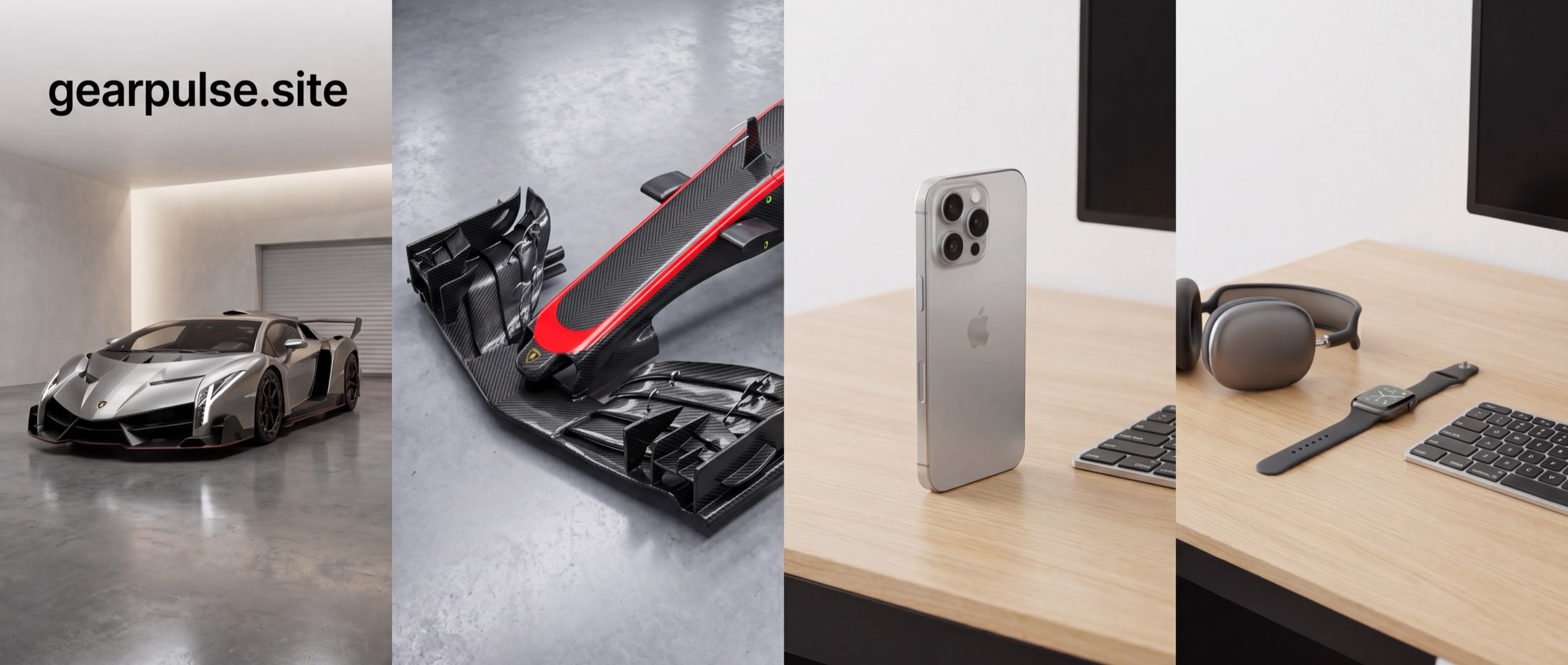 gearpulse.site banner with an EV charging connector, carbon fiber detail, earbuds, and a mechanical keyboard