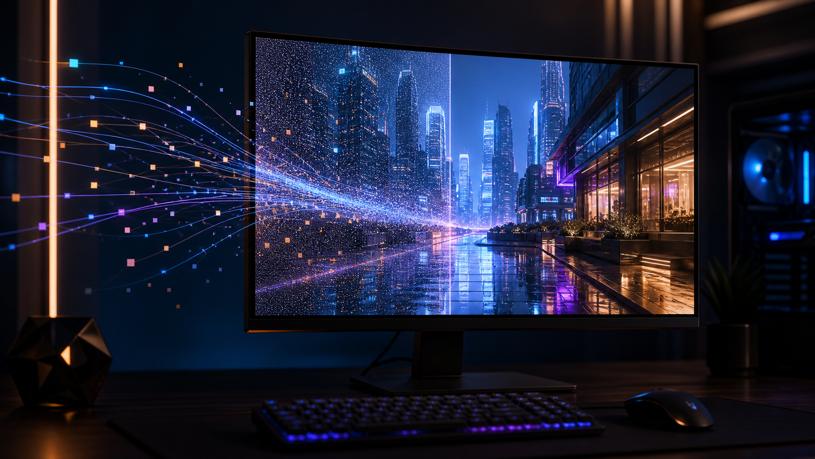 Generated editorial illustration of a gaming monitor showing a path-traced scene becoming clearer and more stable.