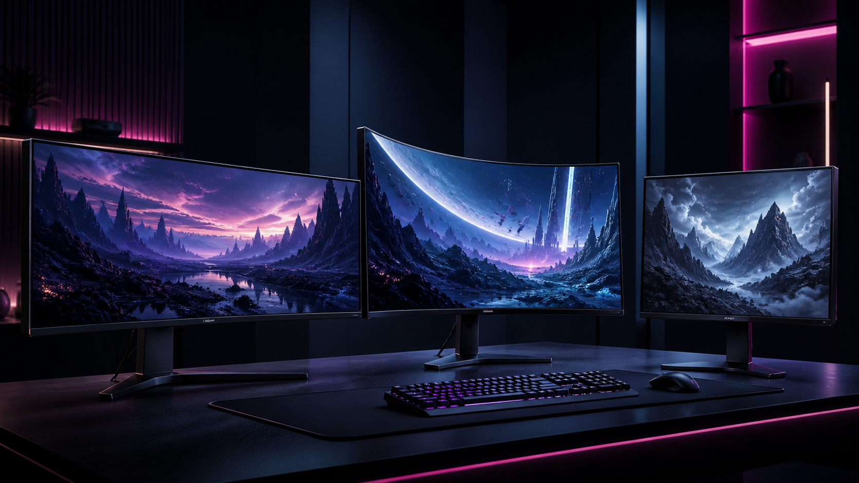 Generated editorial illustration showing three distinct unbranded gaming-monitor formats in a dark studio.