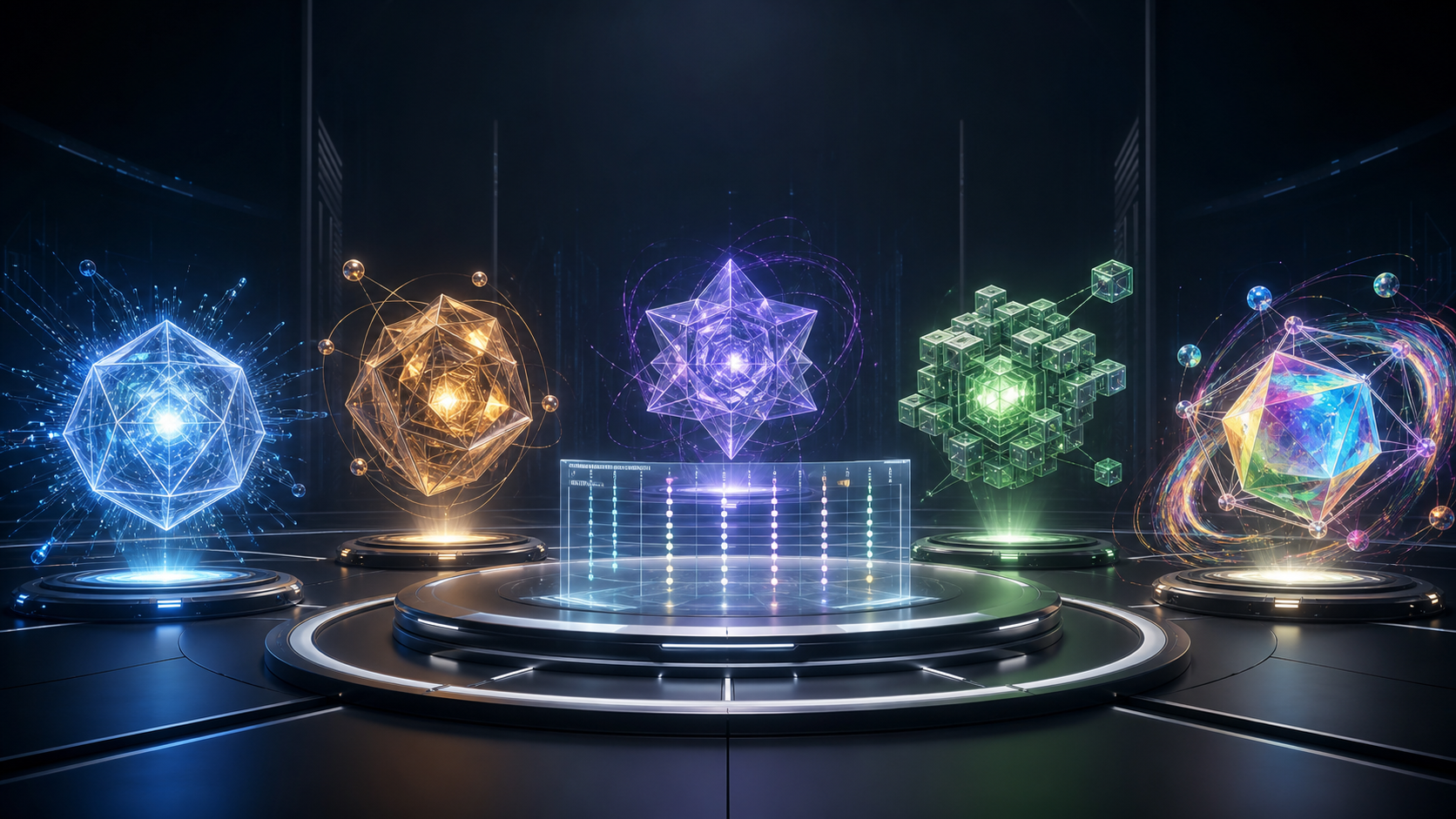 Editorial illustration of five abstract AI model cores competing around a holographic benchmark table.