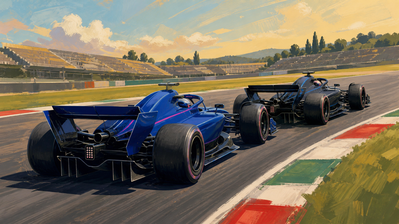 Painterly editorial illustration of two fictional unbranded blue-and-charcoal open-wheel cars racing together on an Italian circuit.