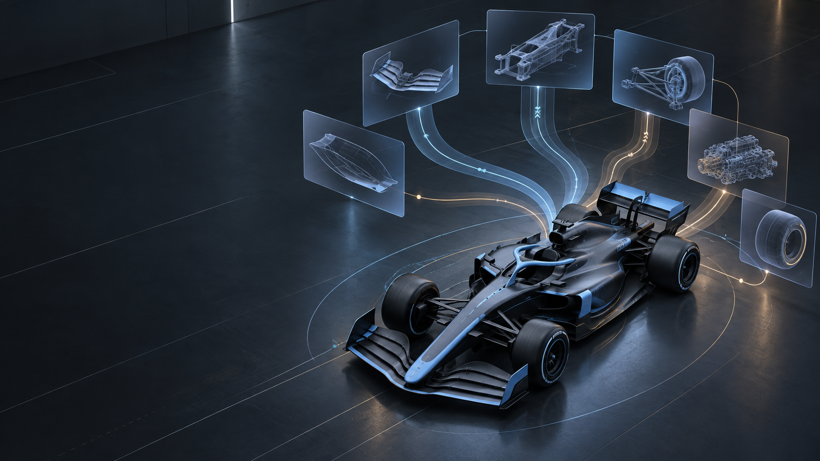 Generated editorial illustration of a fictional unbranded graphite open-wheel car connected to abstract engineering panels by pale-blue and amber lines.