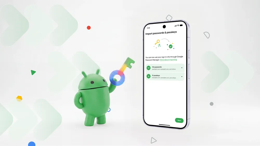 Android mascot holding a key beside a phone showing the Import passwords and passkeys screen.