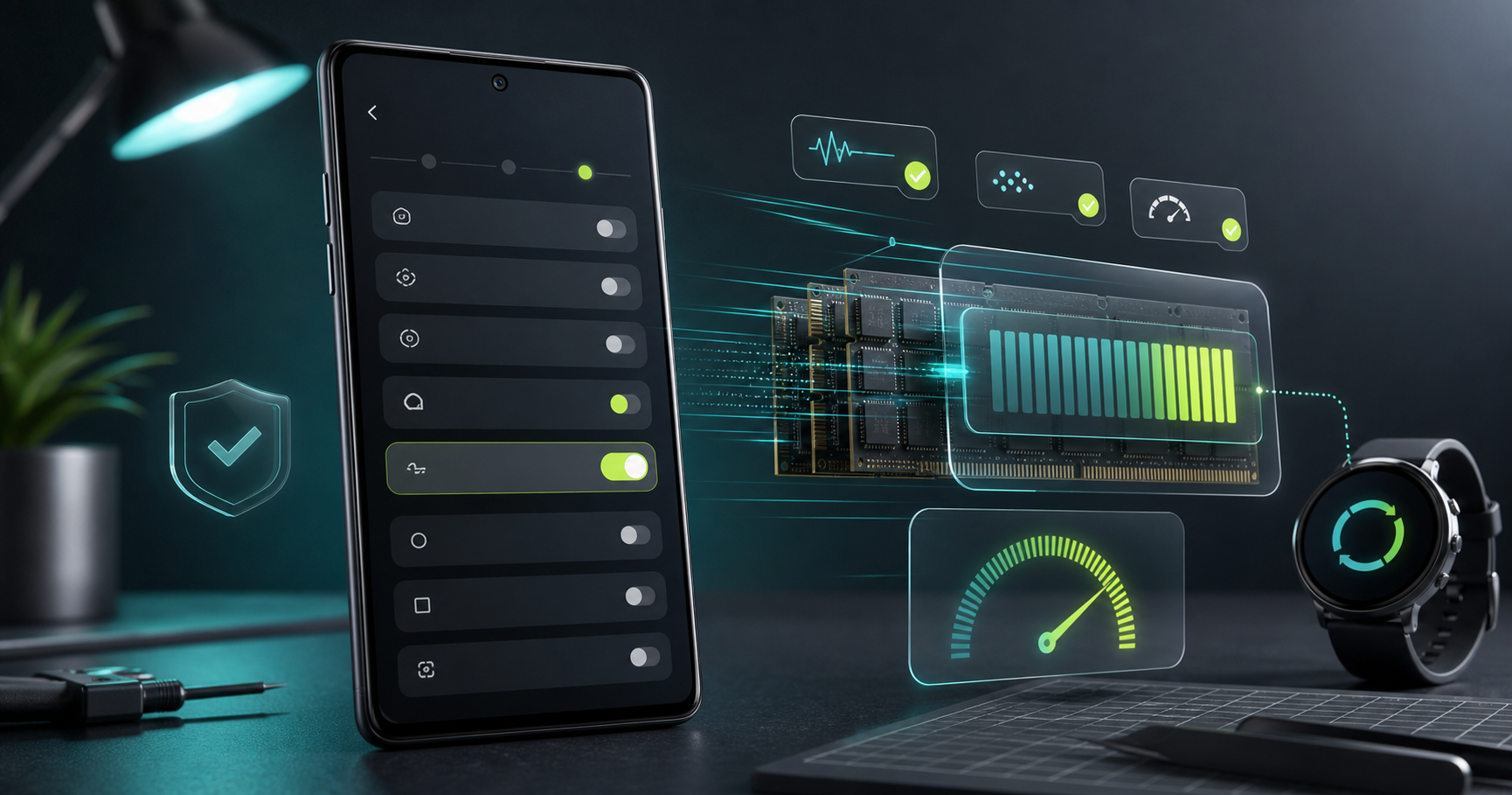Generated editorial image of an Android phone tuning memory, notifications, and smartwatch sync.