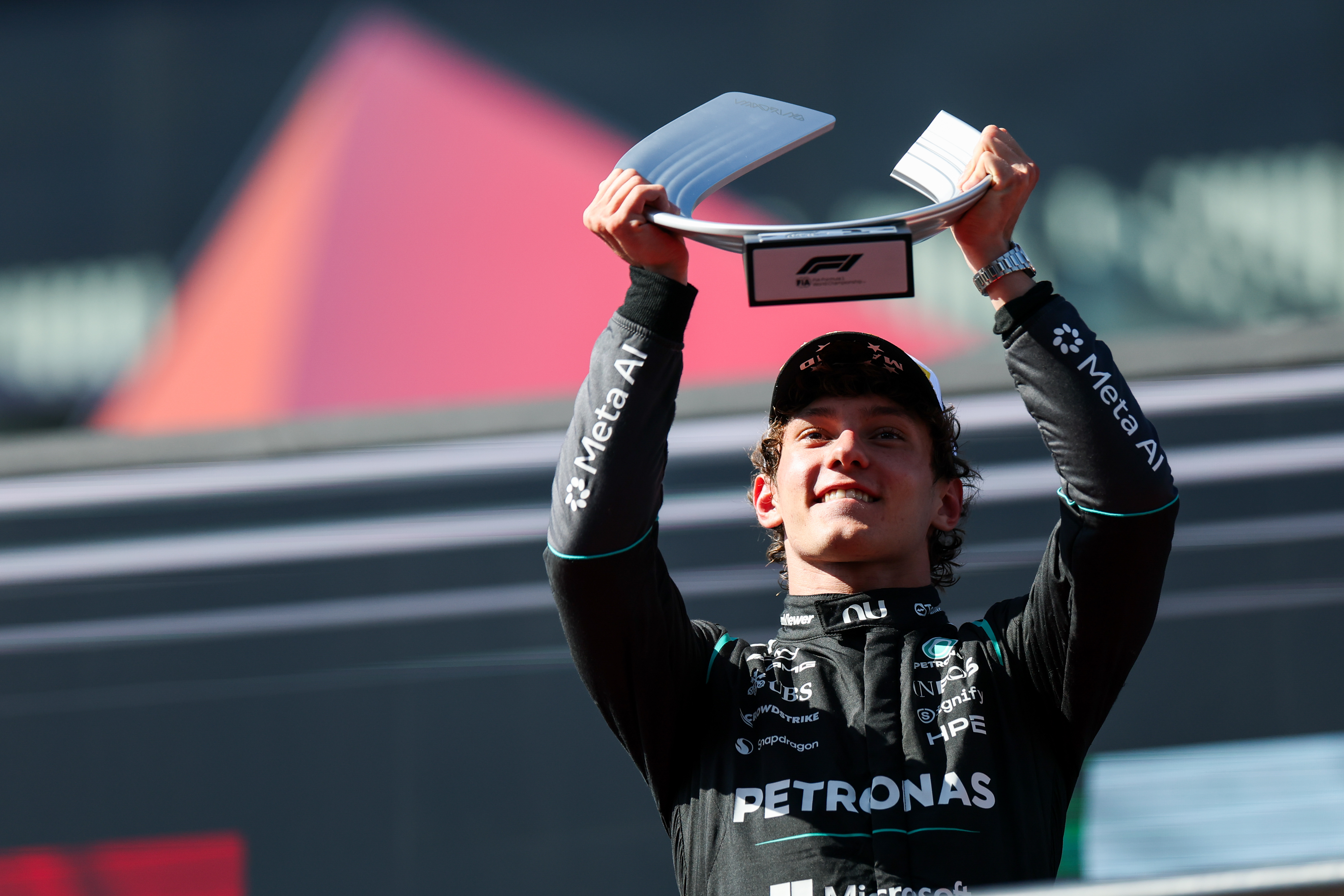 Kimi Antonelli of Mercedes on the podium after winning the 2026 Spanish Grand Prix at Madring.