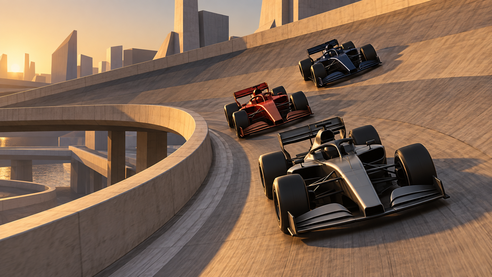 Generated editorial illustration of three fictional unbranded open-wheel cars taking different lines through a steeply banked urban-circuit corner.