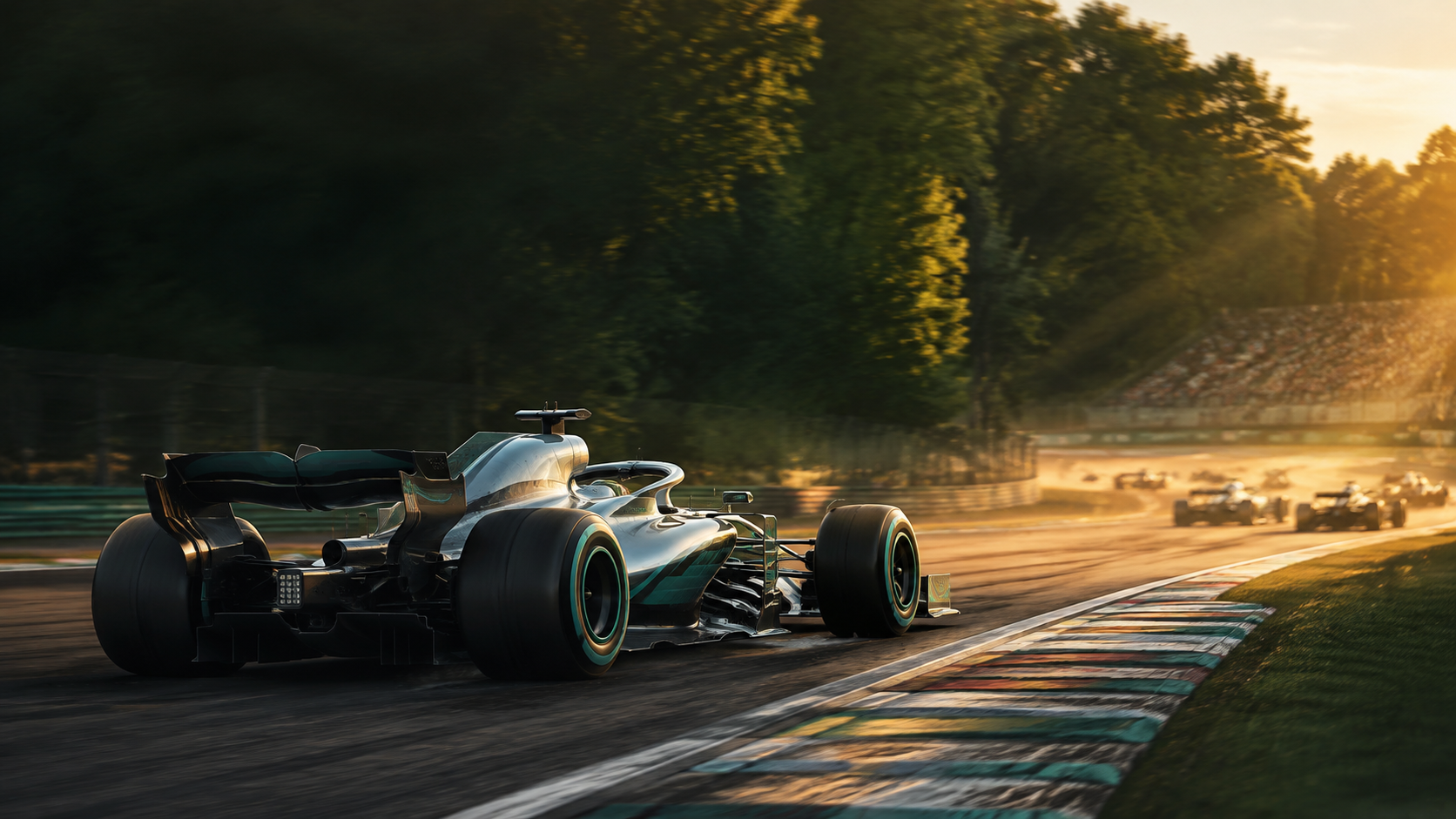 Generated editorial illustration of a fictional unbranded silver-and-teal Formula 1-inspired car accelerating through a tree-lined circuit with a distant pack behind.
