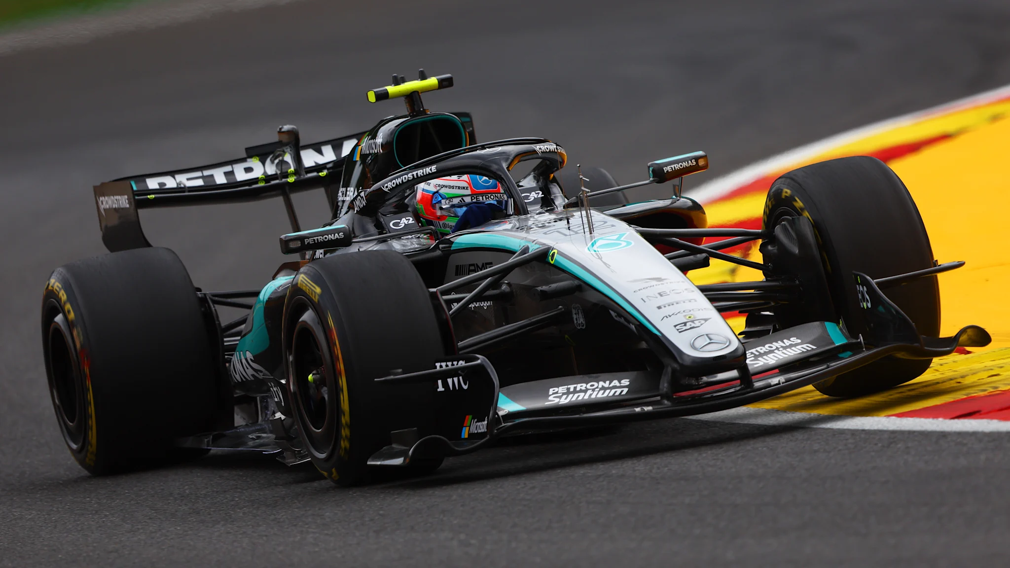 Kimi Antonelli driving the Mercedes at Spa-Francorchamps during Belgian Grand Prix practice.