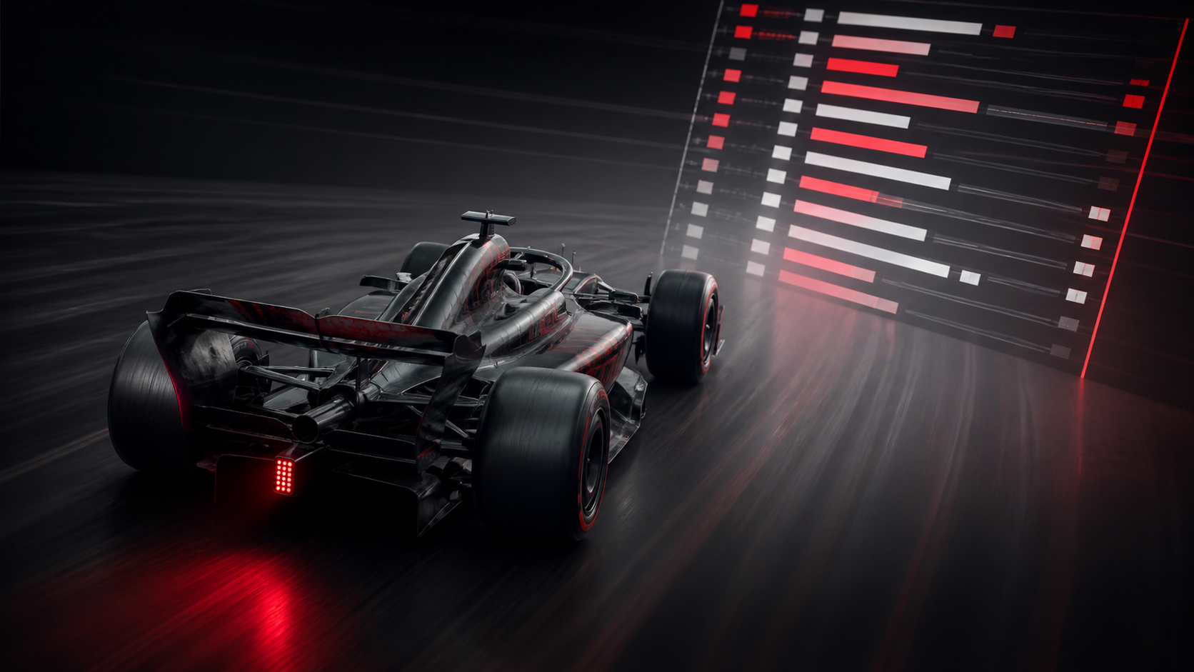 Generated editorial illustration of a modern open-wheel car chasing abstract championship points markers.