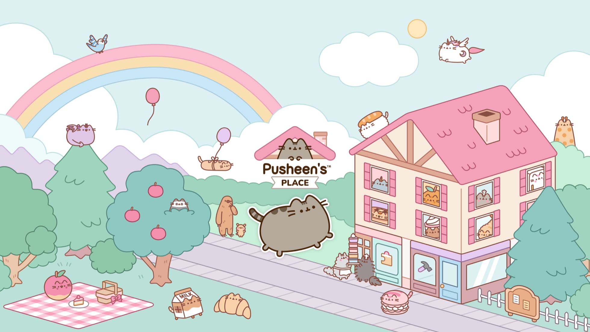 Official key art for Pusheen’s Place showing Pusheen and colorful rooms filled with cat characters.