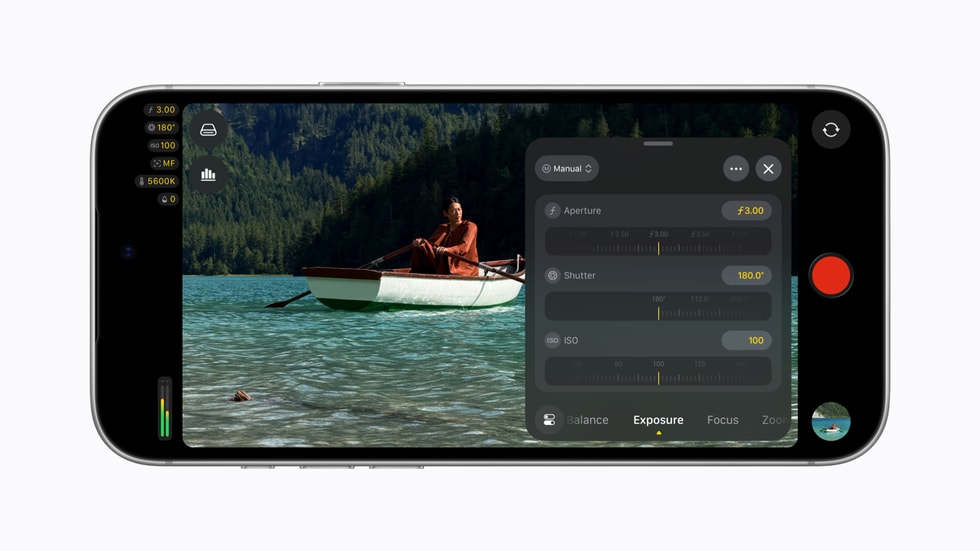 Final Cut Camera on iPhone showing variable-aperture controls.