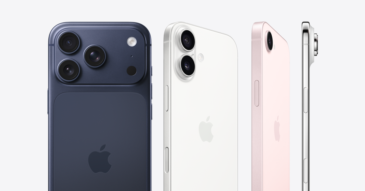 Apple iPhone models shown from the back and side on a light background.