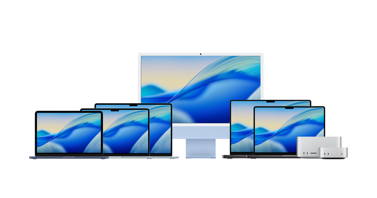 Apple Mac lineup displayed on a light background.