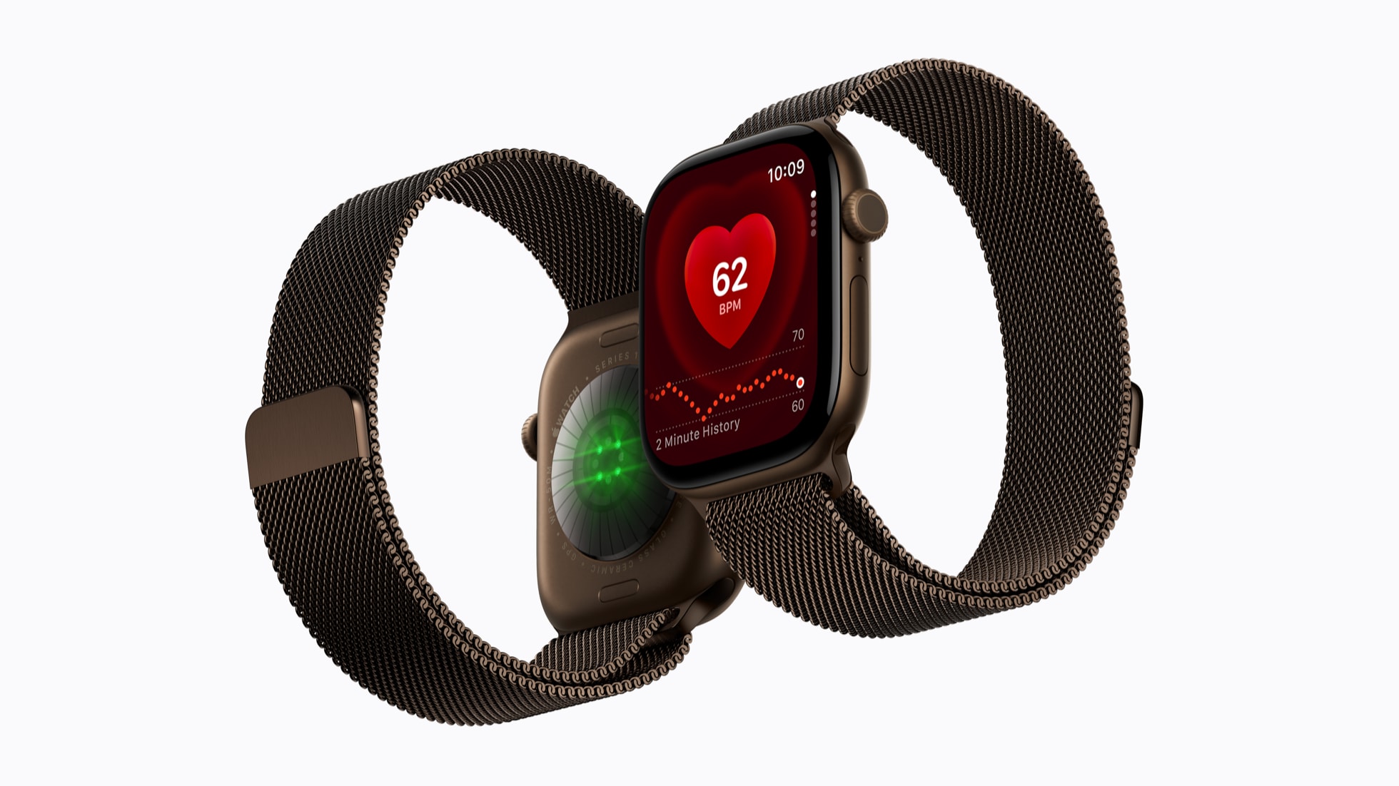 Two Apple Watch Series 12 models showing the heart-rate app and the rear health sensors.