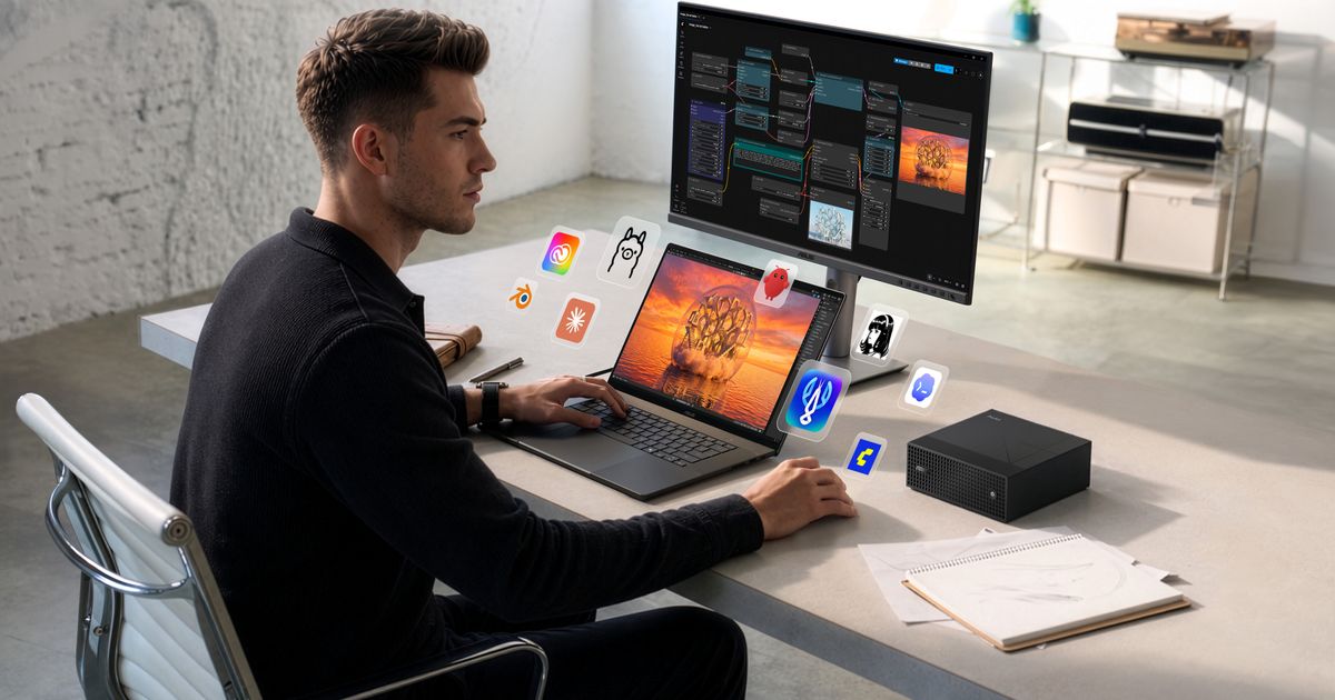 ASUS ProArt P16 and P14 laptops alongside the compact GR1X mini PC in an official product image.