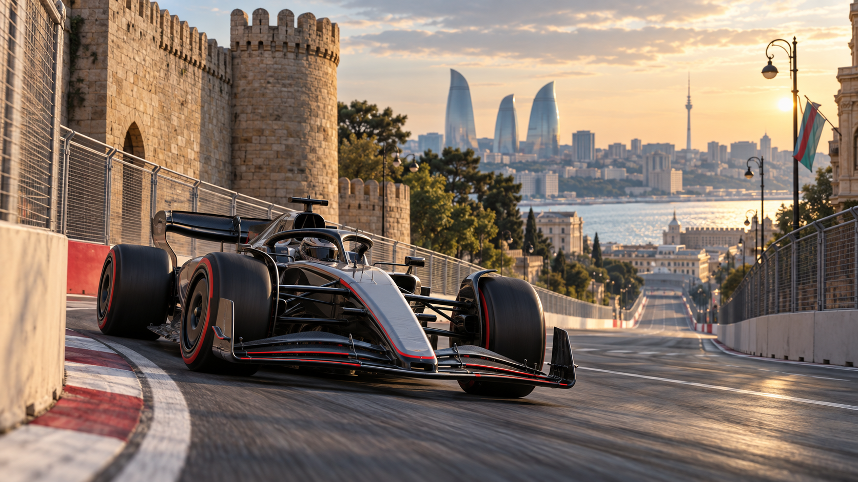 Original GearPulse editorial illustration of an unbranded Formula 1 car negotiating a Baku street-circuit corner beside the old city walls.