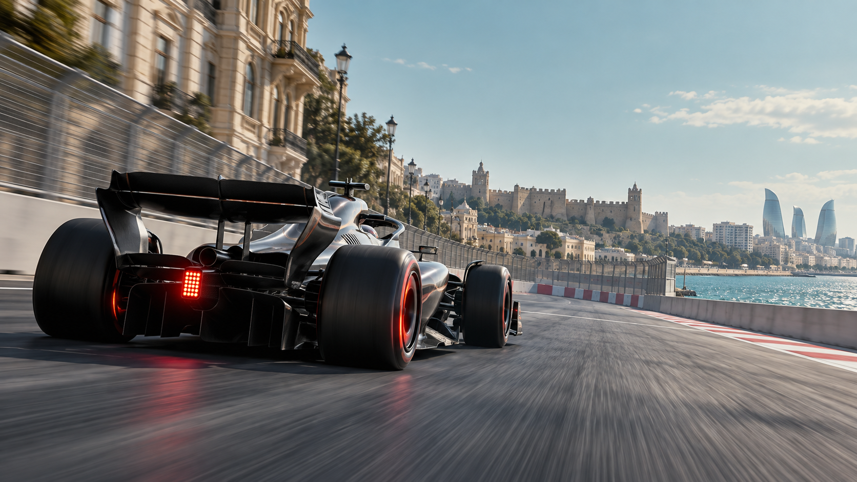 Original GearPulse editorial illustration of an unbranded Formula 1 car on Baku's waterfront street circuit with old-city walls beyond.