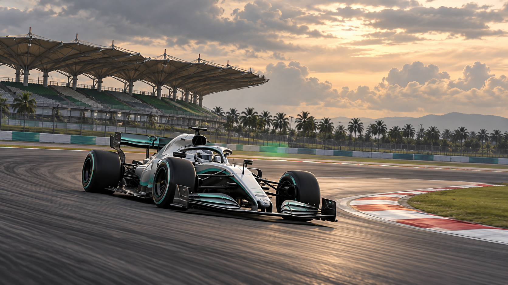 Generated editorial illustration of an anonymous Formula 1-style car at Sepang International Circuit for Practice 2.
