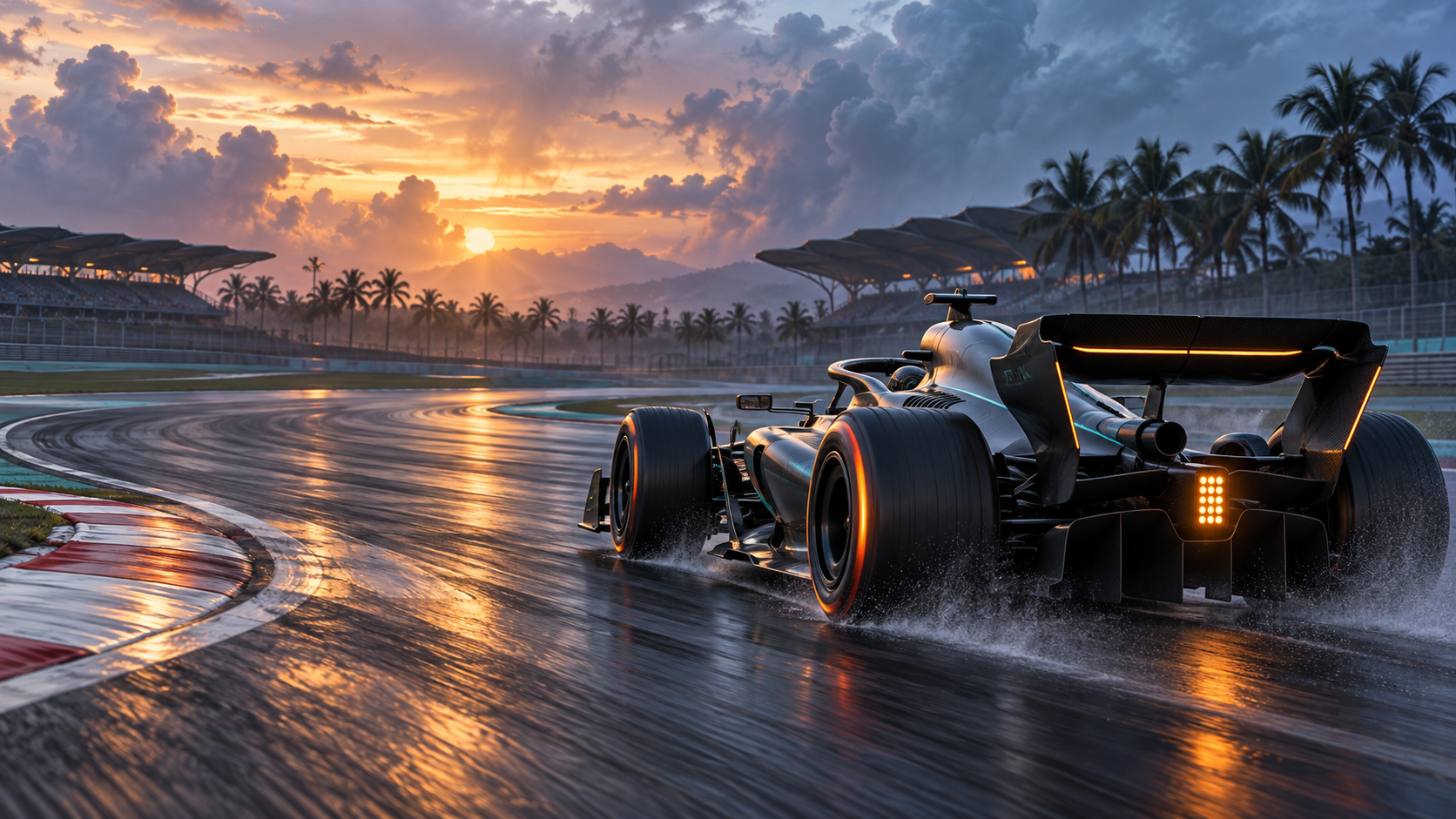 Original editorial illustration of an anonymous open-wheel car on a tropical circuit beneath storm clouds at dawn.