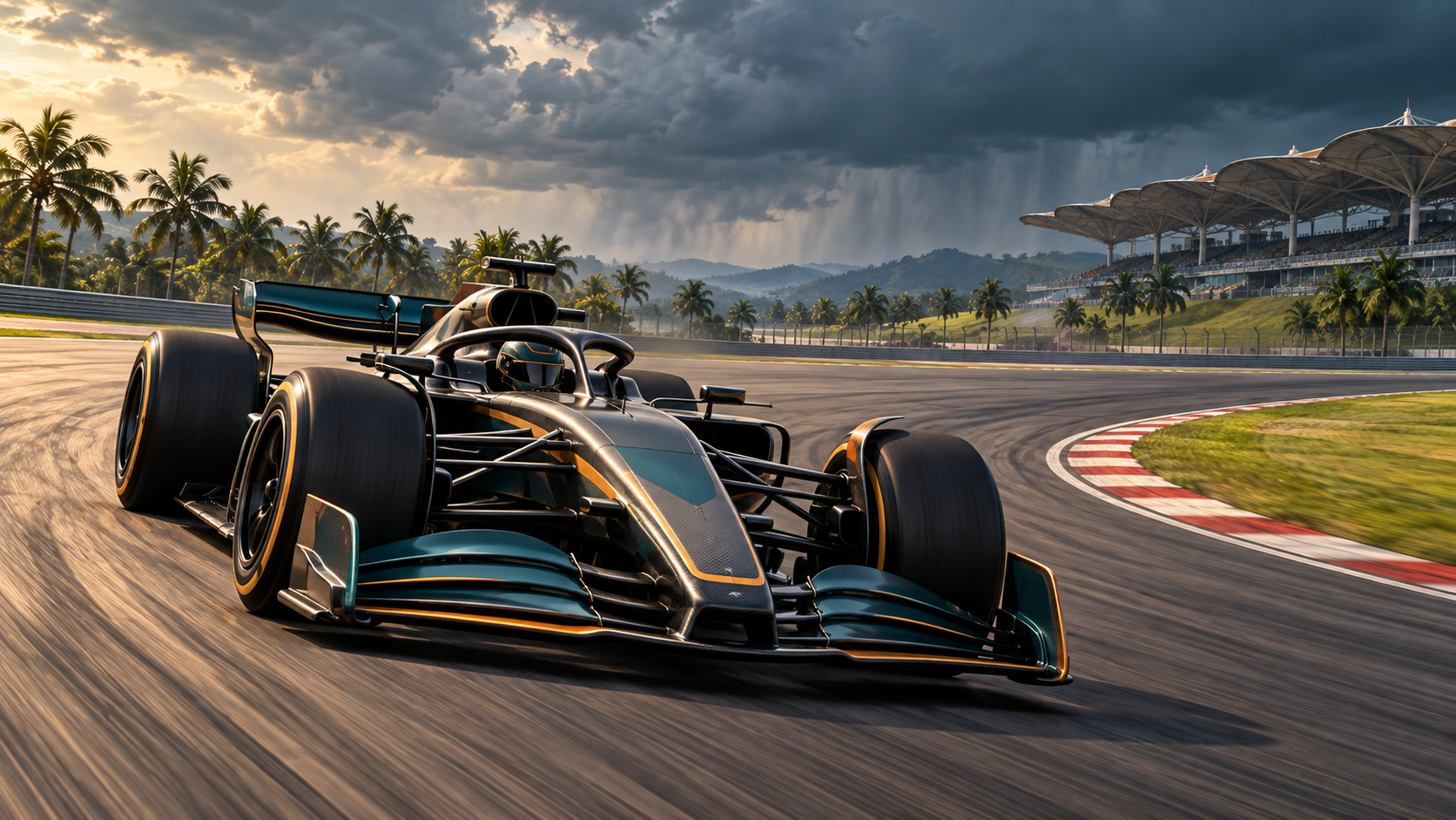 Original editorial illustration of an anonymous open-wheel car cornering at a tropical circuit beneath storm clouds.