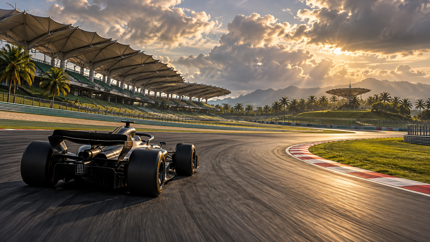 Original editorial illustration of an anonymous open-wheel car entering a tropical circuit corner beneath humid clouds.