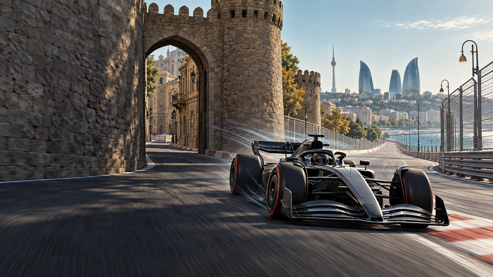 Original GearPulse editorial illustration of a generic Formula 1 car at Baku City Circuit beside the old city and waterfront.