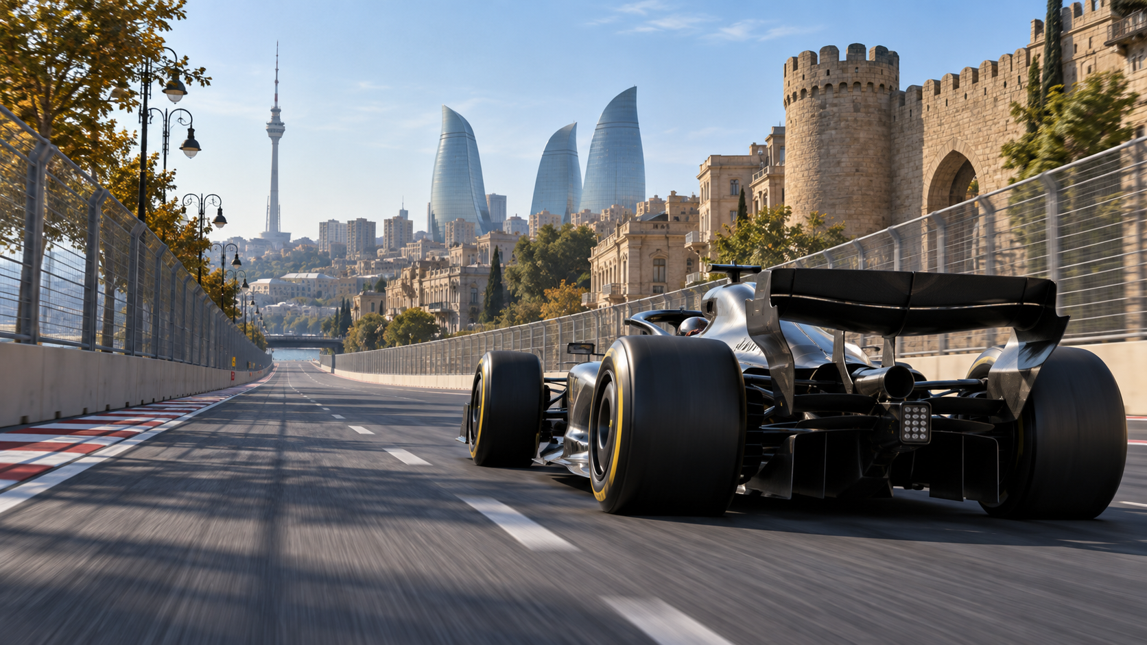 Original editorial illustration of an unbranded Formula 1 car accelerating along Baku's waterfront straight in morning light.
