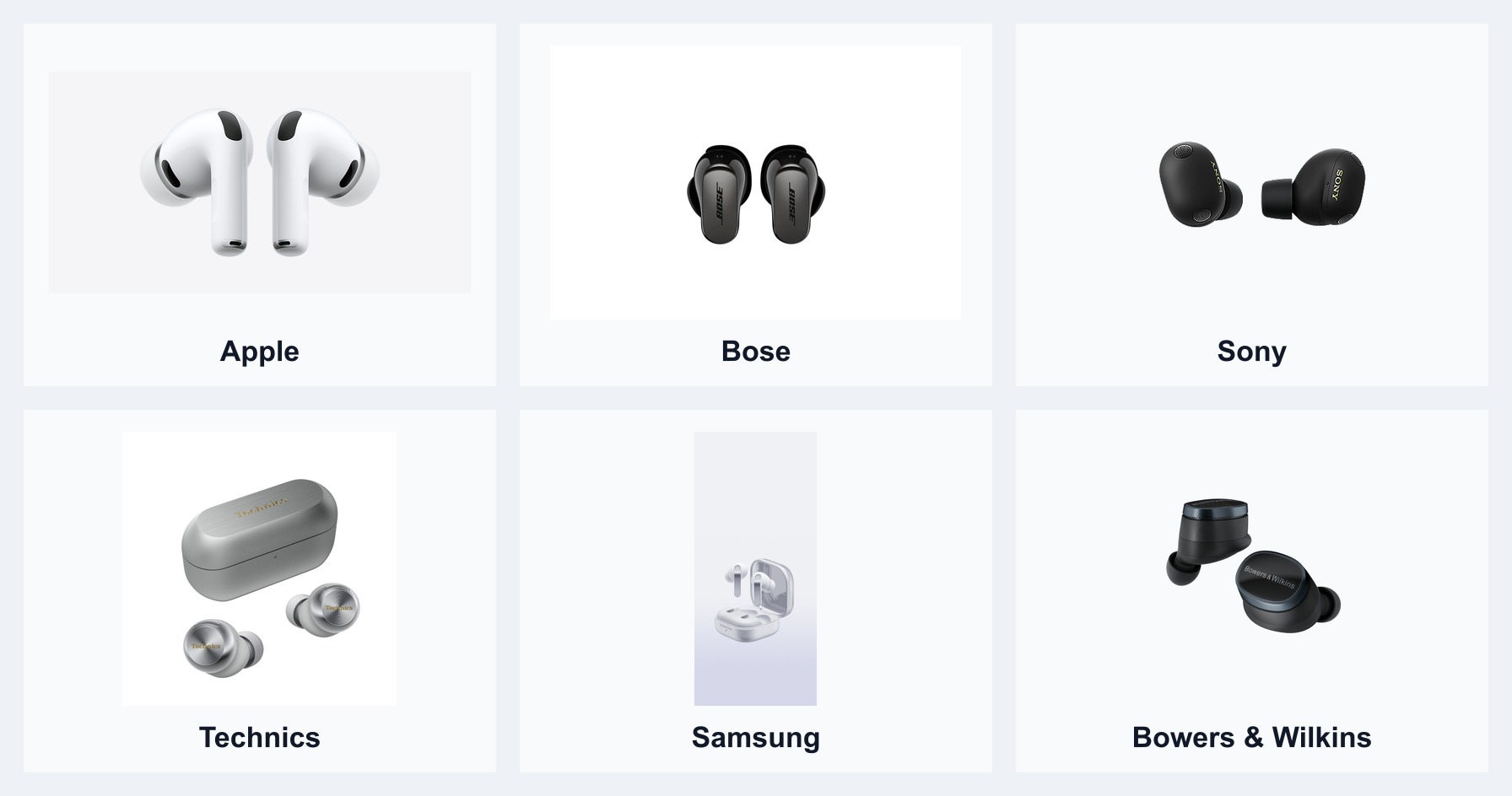 Official product images for Apple, Bose, Sony, Technics, Samsung, and Bowers & Wilkins true wireless earbuds arranged in a comparison collage.