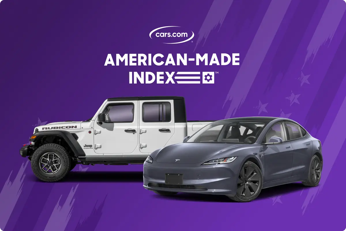 Cars.com American-Made Index graphic showing a Tesla Model 3 and Jeep Gladiator.
