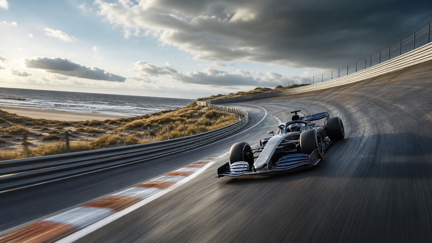 Generated editorial illustration of a modern open-wheel car at a steeply banked seaside circuit corner.