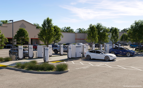 Official EVgo rendering of a retail charging site with EVgo Superchargers.