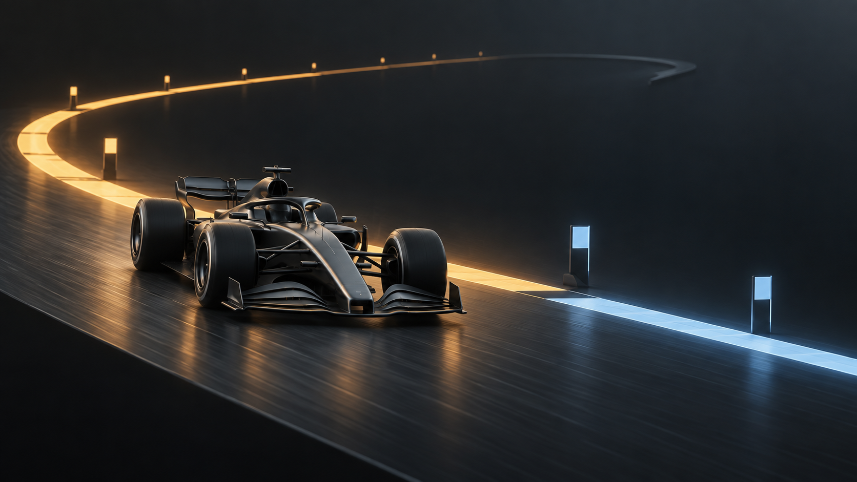 Generated editorial illustration of a fictional unbranded graphite open-wheel car on an abstract dark circuit ribbon with amber and pale-blue route segments.
