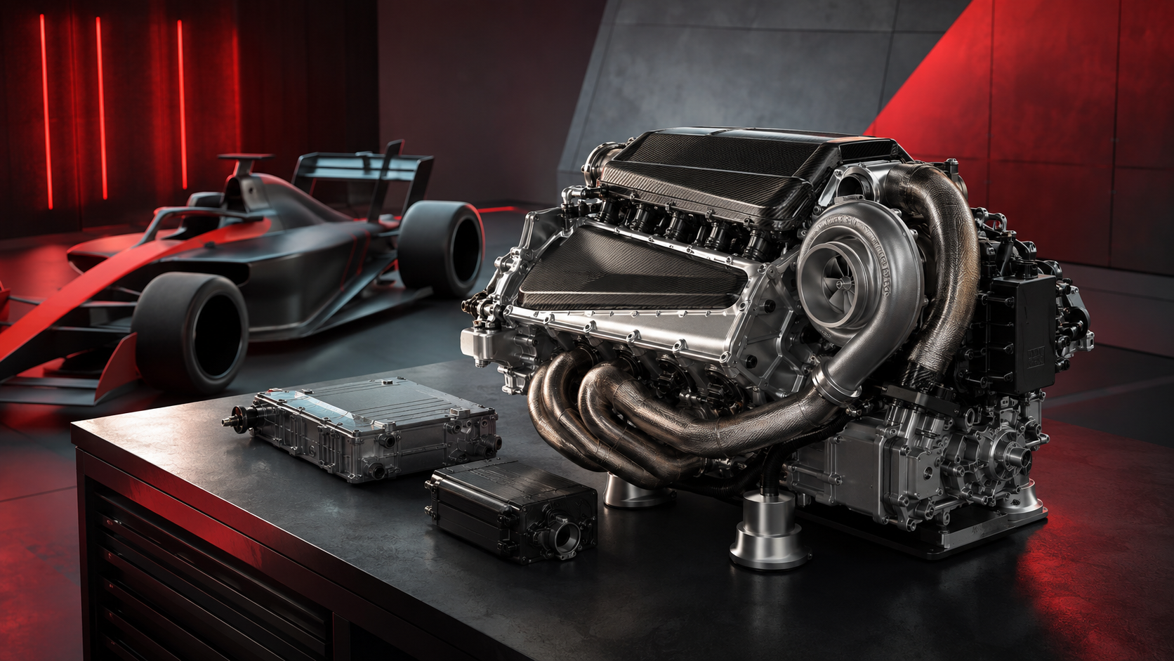Generated editorial illustration of a fictional unbranded Formula 1–inspired power unit with turbocharger in an abstract red-and-charcoal engineering studio.
