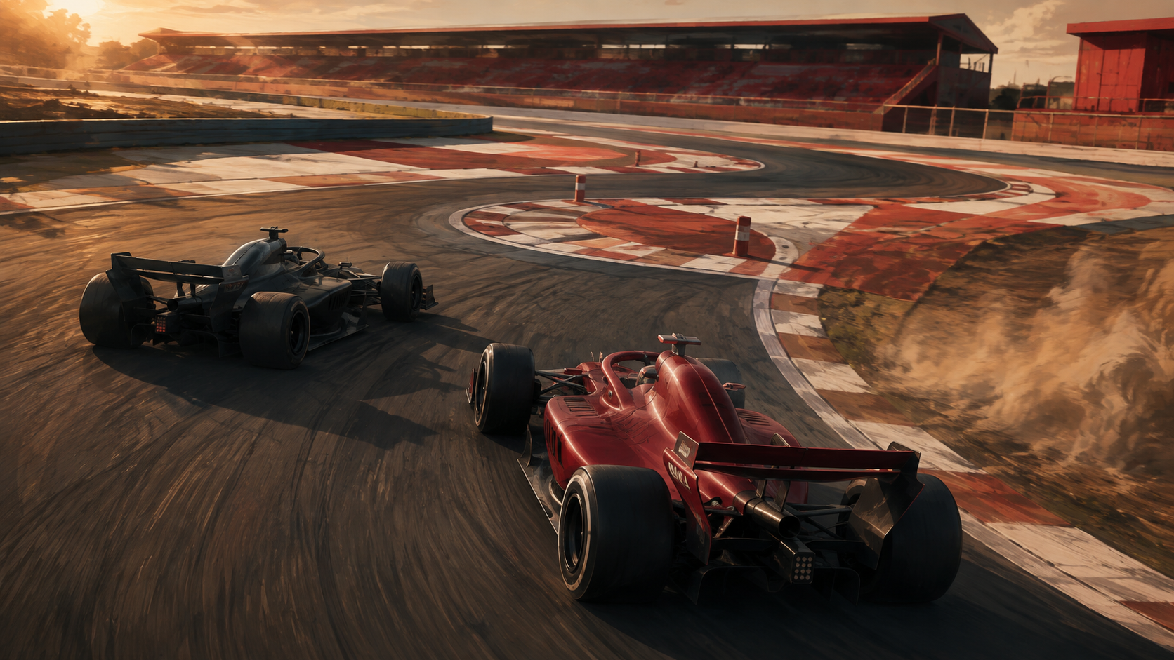 Generated editorial illustration of two fictional unbranded Formula 1-inspired cars negotiating a tight chicane, with a crimson car running wide over dusty kerbing.