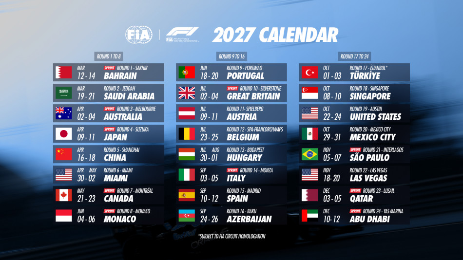Official FIA graphic showing the 2027 Formula 1 World Championship calendar.