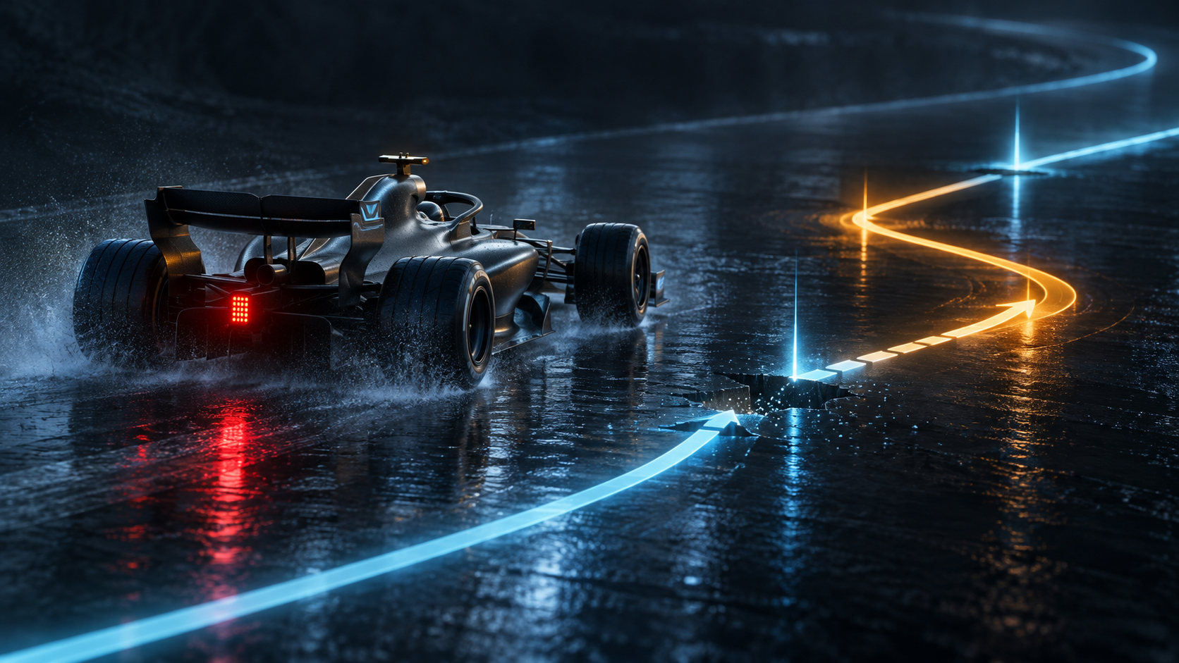 Fictional 3D editorial illustration of an unbranded graphite open-wheel car on a dark wet abstract circuit, with pale-blue and amber route lines showing a broken and restored technical pathway.