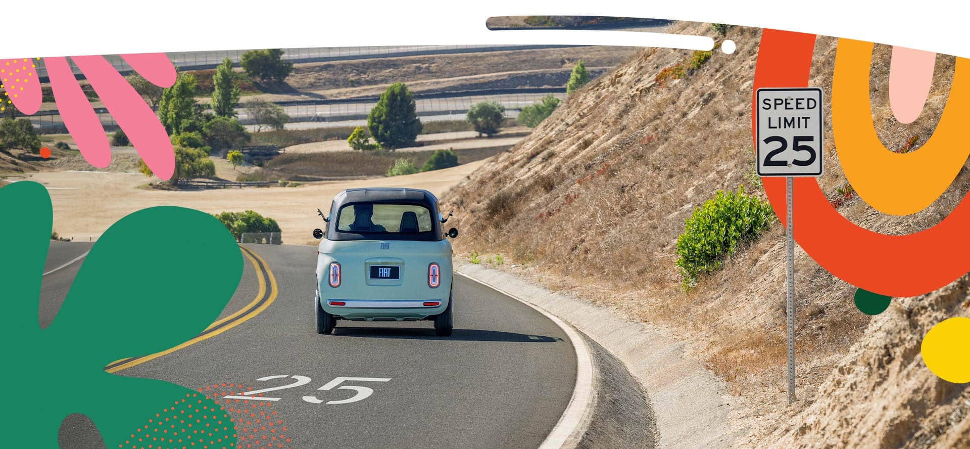 Official Fiat USA image of the 2026 Fiat Topolino driving near a 25 mph sign.