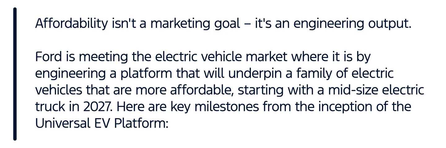 Official Ford illustration of its Universal Electric Vehicle platform pickup and Apple Maps navigation interface.