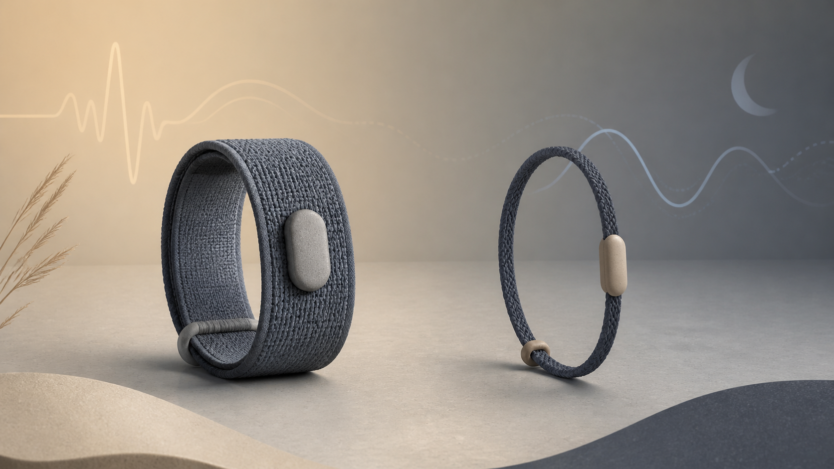 Generated editorial illustration of a broad screenless fitness band beside a slimmer screenless fitness band.