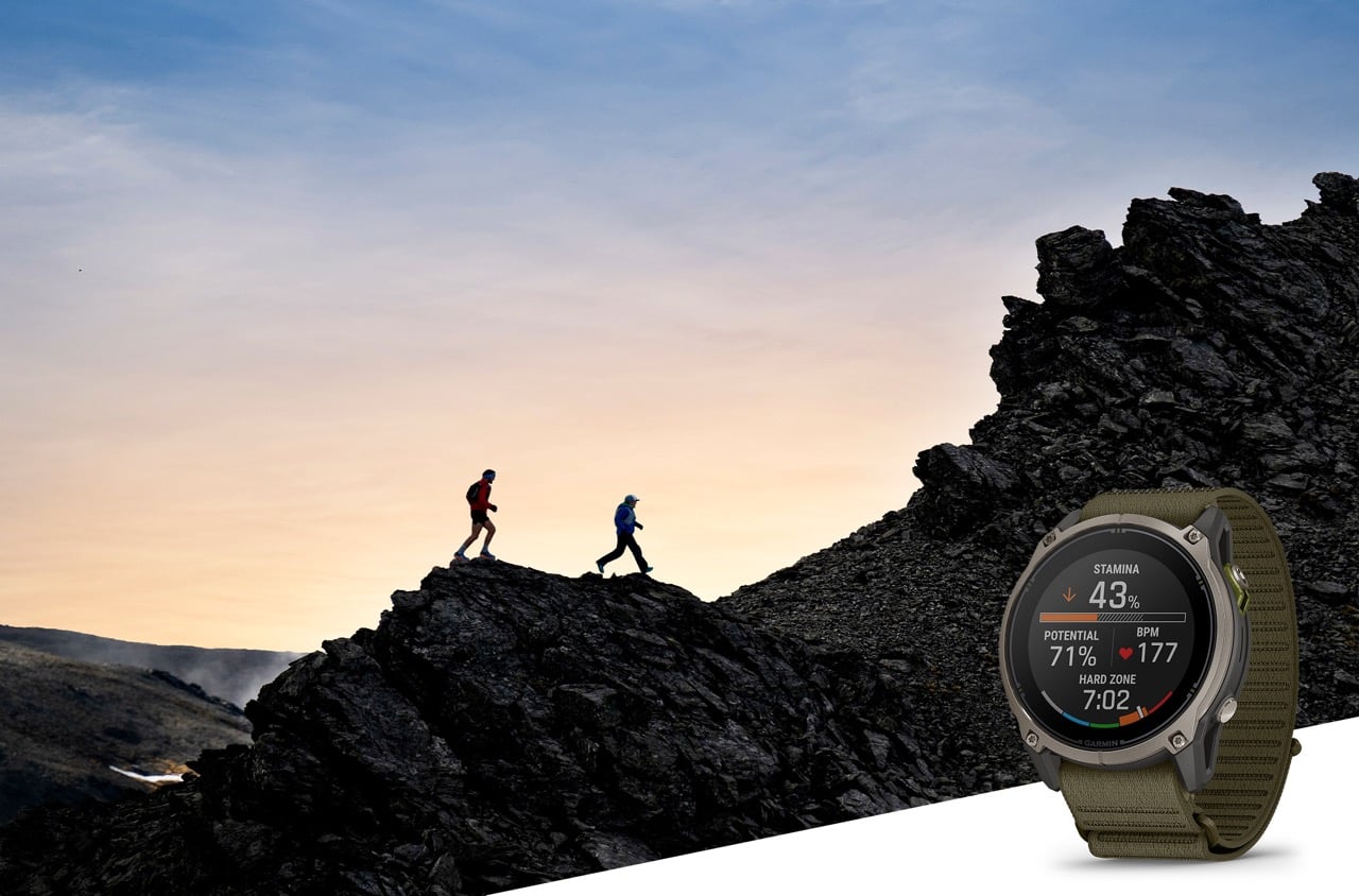 Garmin Enduro 4 GPS smartwatch pictured outdoors on a rock.