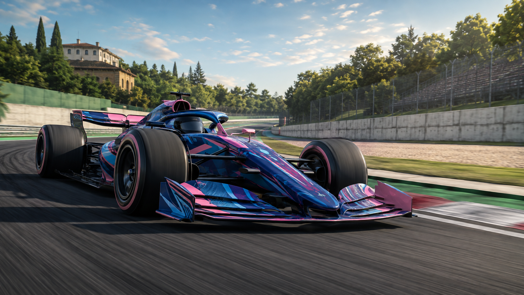 Generated editorial illustration of a fictional unbranded blue-and-pink Formula 1-inspired car accelerating out of a high-speed chicane.