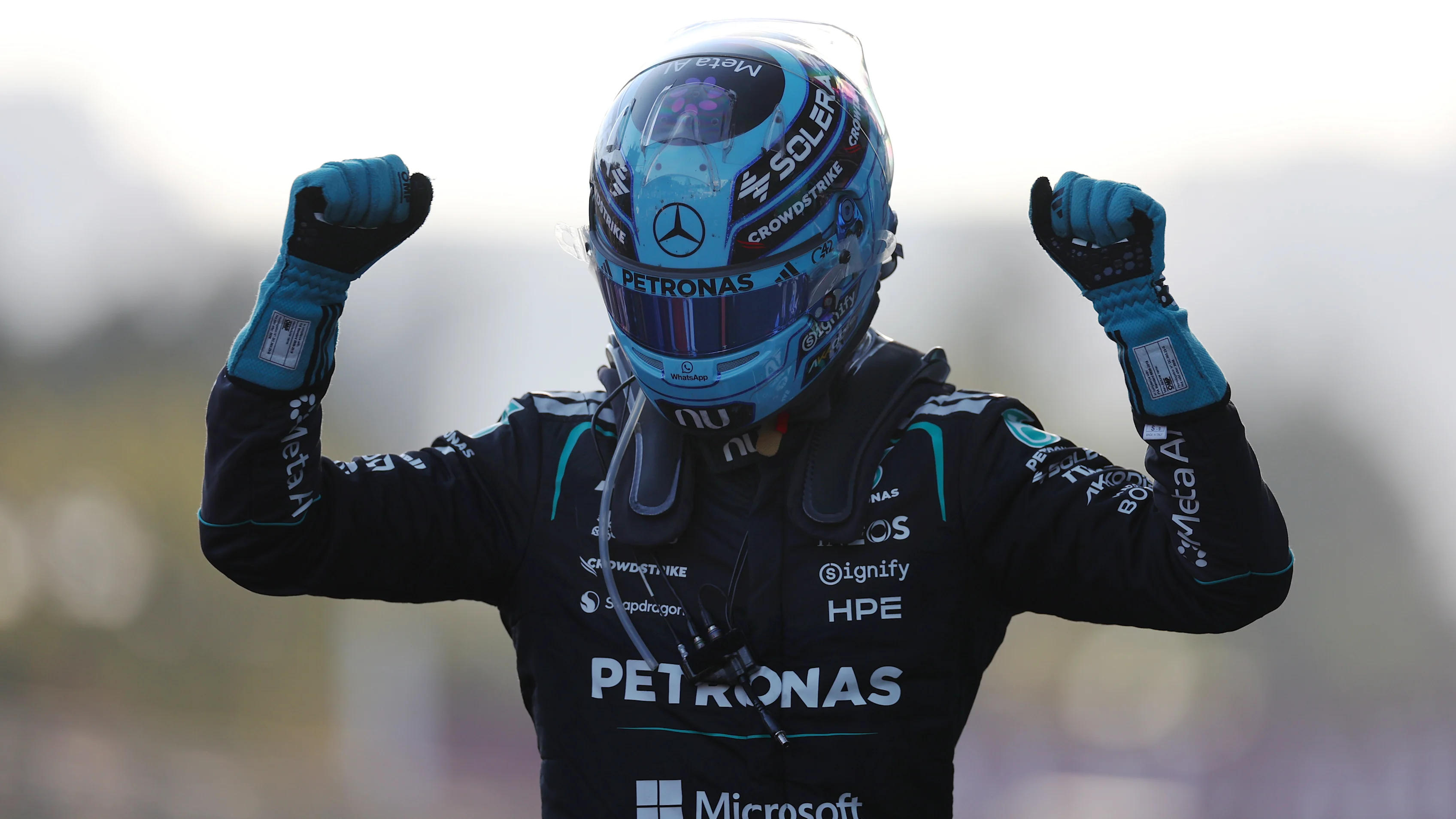 George Russell celebrates Mercedes’ victory at the 2026 Azerbaijan Grand Prix in Baku.