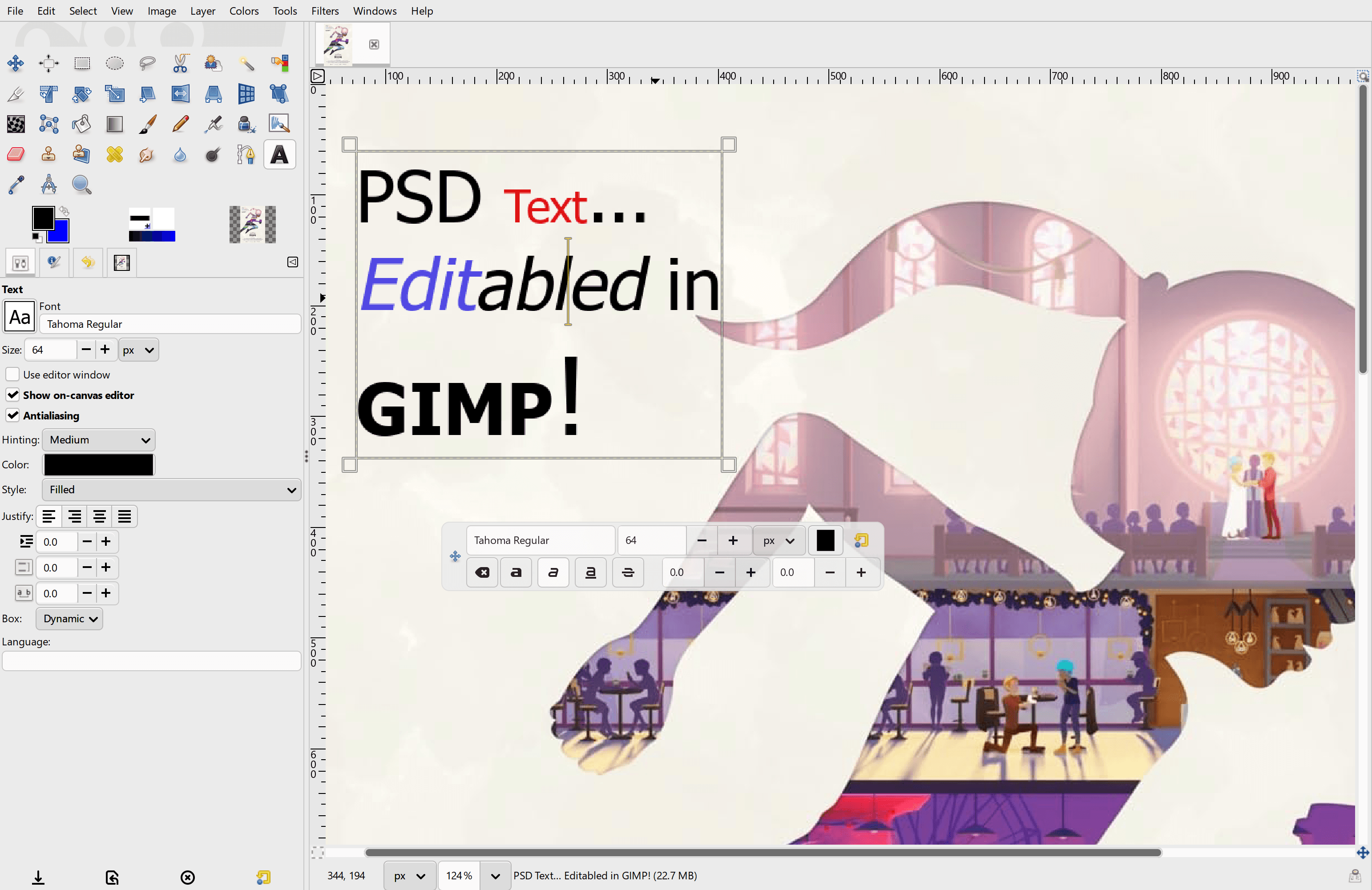 Official GIMP screenshot showing editable PSD text layers.