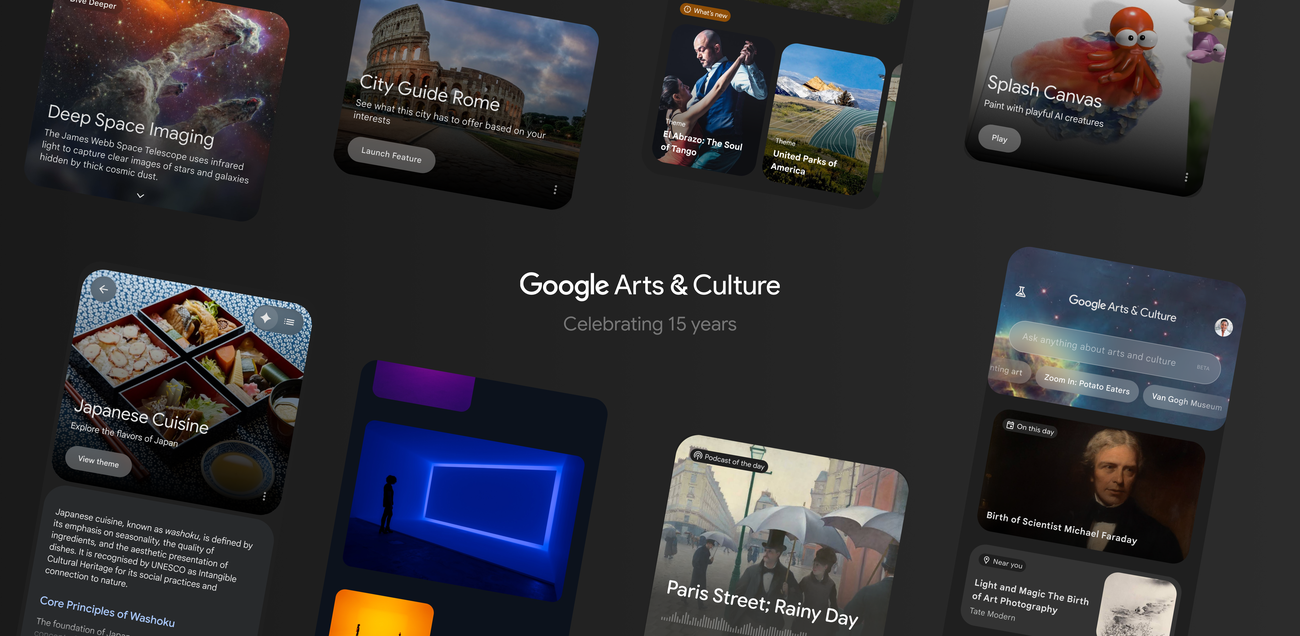 Colorful official Google Arts & Culture artwork celebrating the platform's 15th anniversary.