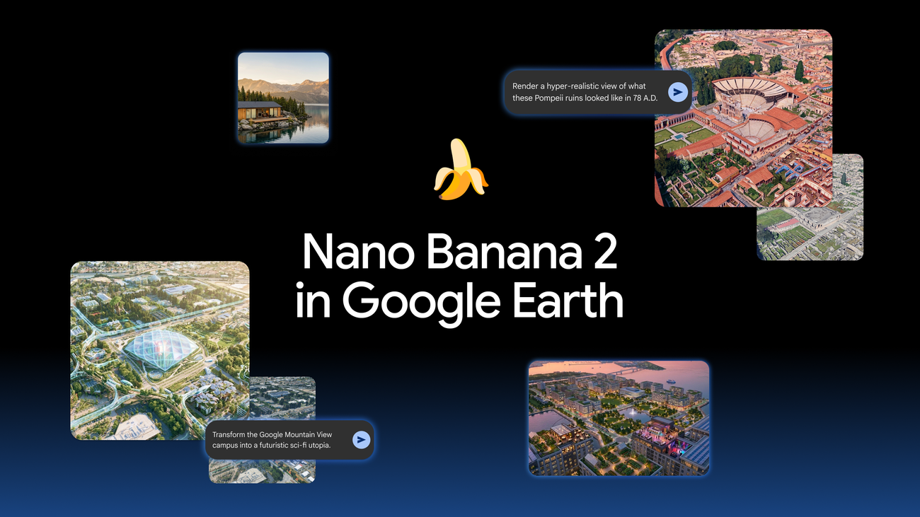 Google Earth illustration promoting image generation with Nano Banana.