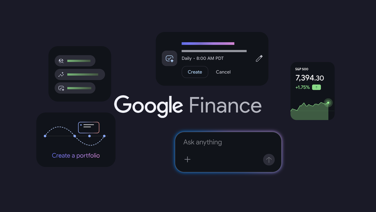 The Google Finance logo surrounded by portfolio and market interface elements.
