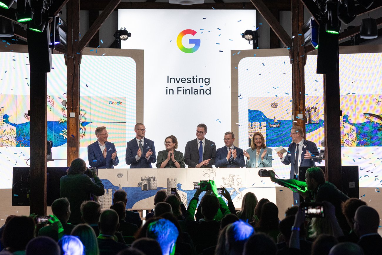 Google event signage in Helsinki accompanying the company's Finland infrastructure announcement.