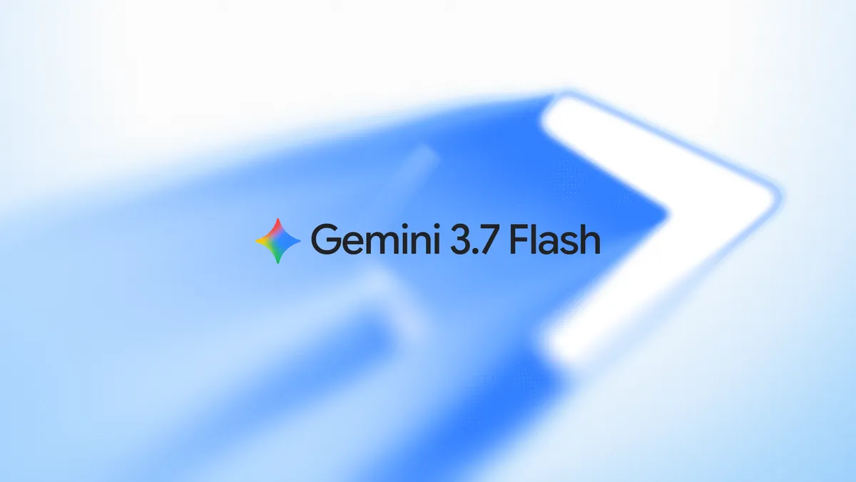 Official Google Gemini 3.7 Flash launch artwork on a light blue background.