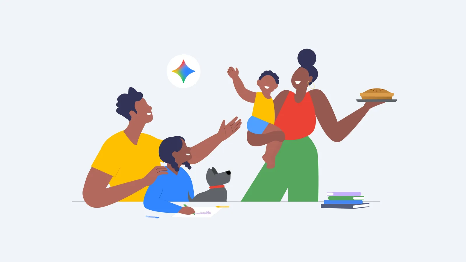Official Google illustration for parents using Gemini around family planning and household tasks.