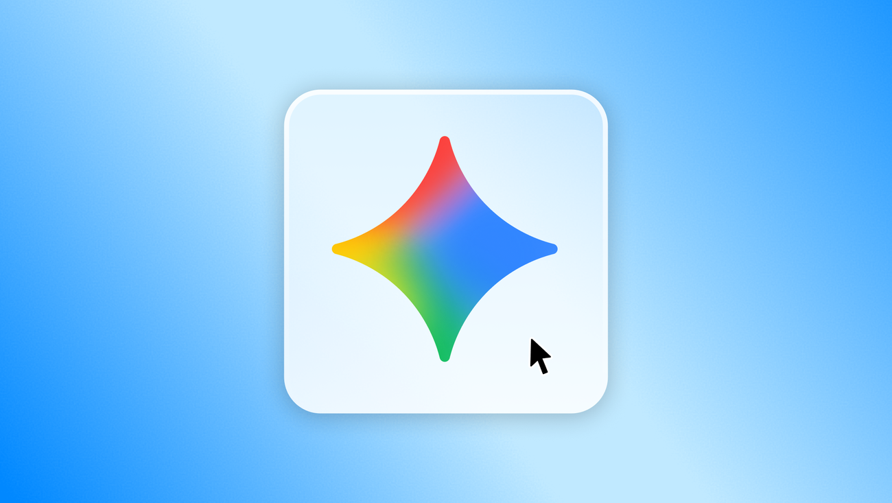 Google's official artwork for the Gemini app on Windows, showing the Gemini interface floating over a Windows desktop.